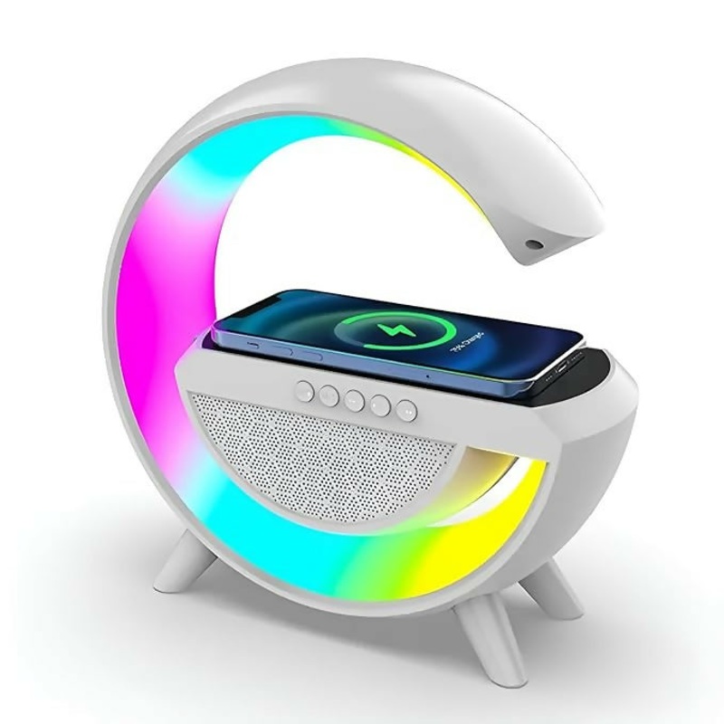 3-in-1 Crescent LED Lamp with Bluetooth Speaker & Wireless Phone Charger Wireless G Speaker Lamp with Wireless Fast Charging RGB Light with 8 Music Sync Modes Dimmable Night Light Bedside Lamp for Android & iOS