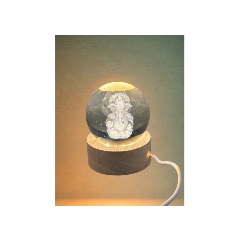 3D Crystal Ganesha LED Night Lamp Crystal Ball Night Lamp,Creative Engraved Crystal Ball Night Light, USB Table LED Wooden Crystal Ball for Home Office Decoration Birthday Gift Adults