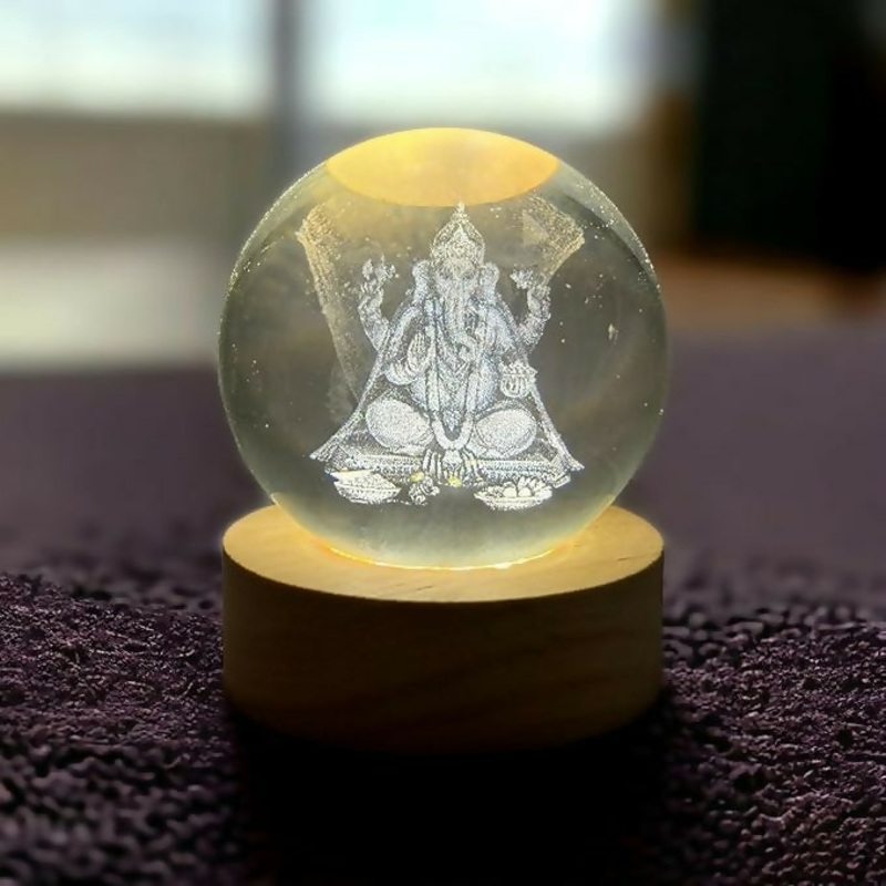 3D Lord Ganesha Crystal Ball LED Night Lamp  Spiritual Decorative Light with Wooden Base