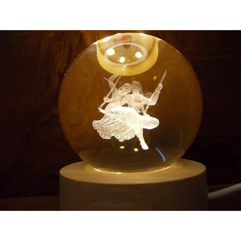 3D Radha Krishna Crystal Ball LED Night Lamp  Decorative Spiritual Light with Wooden Base