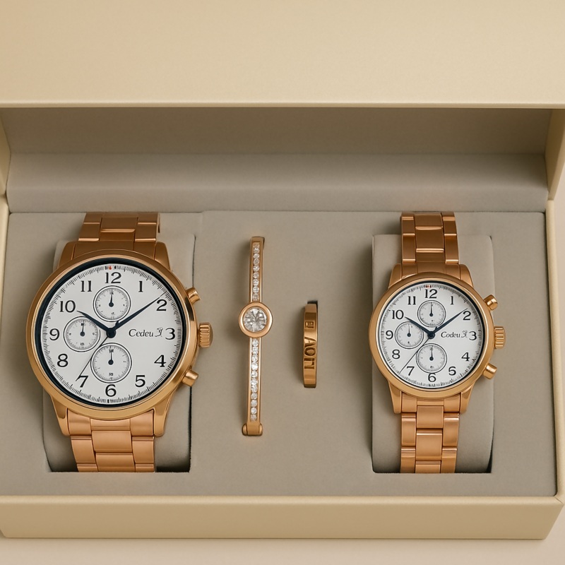 Couple Wrist Watch Gift Set with Bracelets  Gold Metal Analog Watches for Him & Her