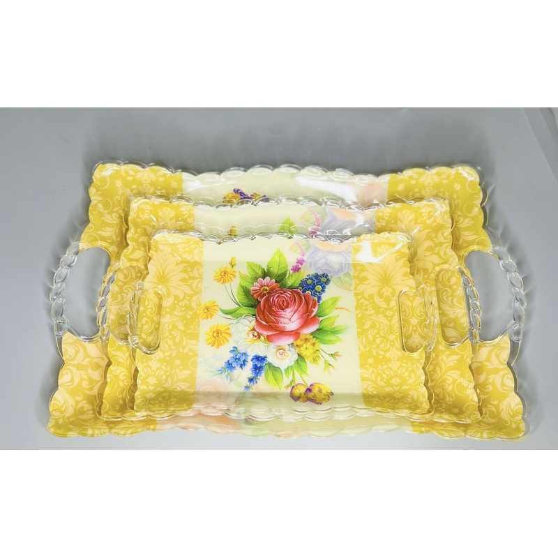 Elegant Floral Print Plastic Serving Tray Set  Pack of 3 (Golden Yellow with Multicolor Flowers)