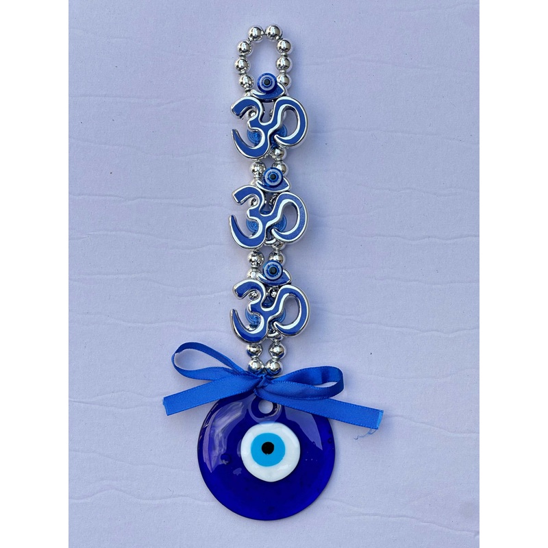 Evil Eye & Om Hanging Charm  Nazar Protection Wall Decor with Blue Beads & Ribbon