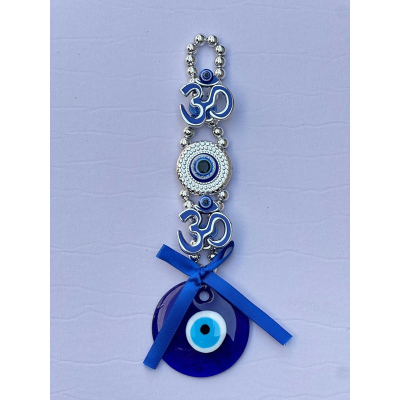 Evil Eye & Om Wall Hanging  Blue Nazar Protection Charm with Decorative Beads and Ribbon