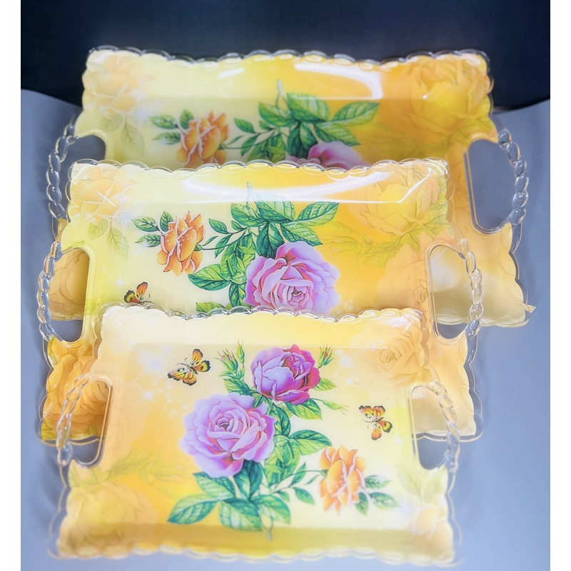 Floral Design Multipurpose Plastic Serving Tray Set  Pack of 3 (Yellow with Roses)