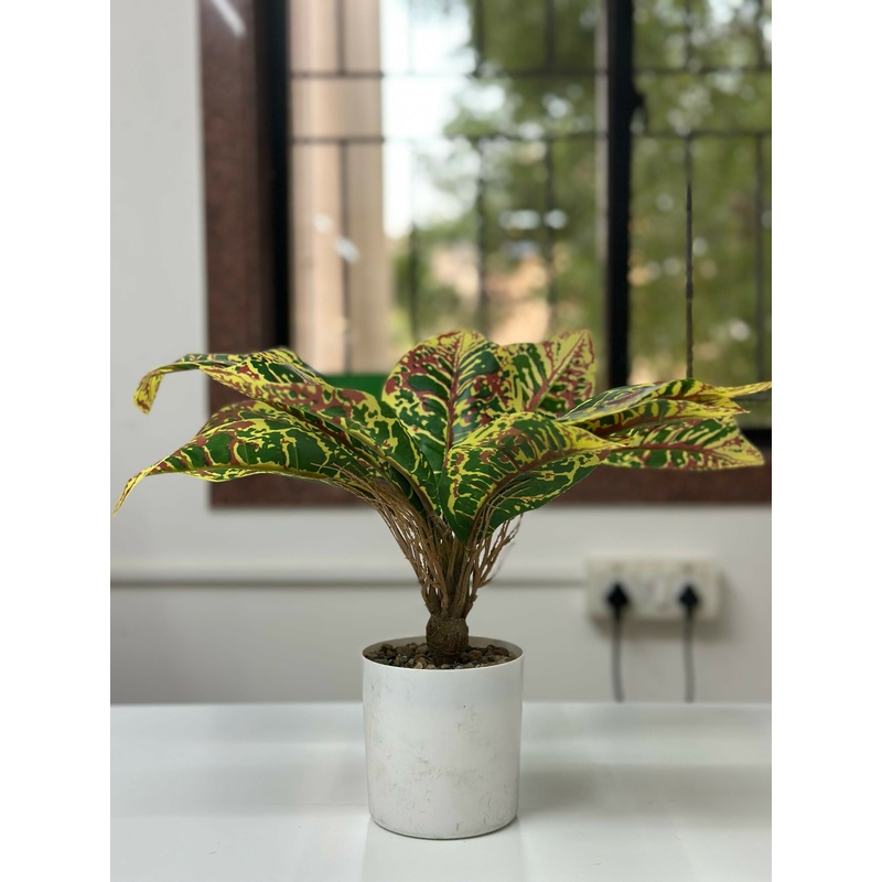 Vibrant Tropic Croton in Minimalist White Planter Natural Looking Artificial Green Rubber Plant for Home Shop and Office Dcor Bonsai Artificial Plant with Pot