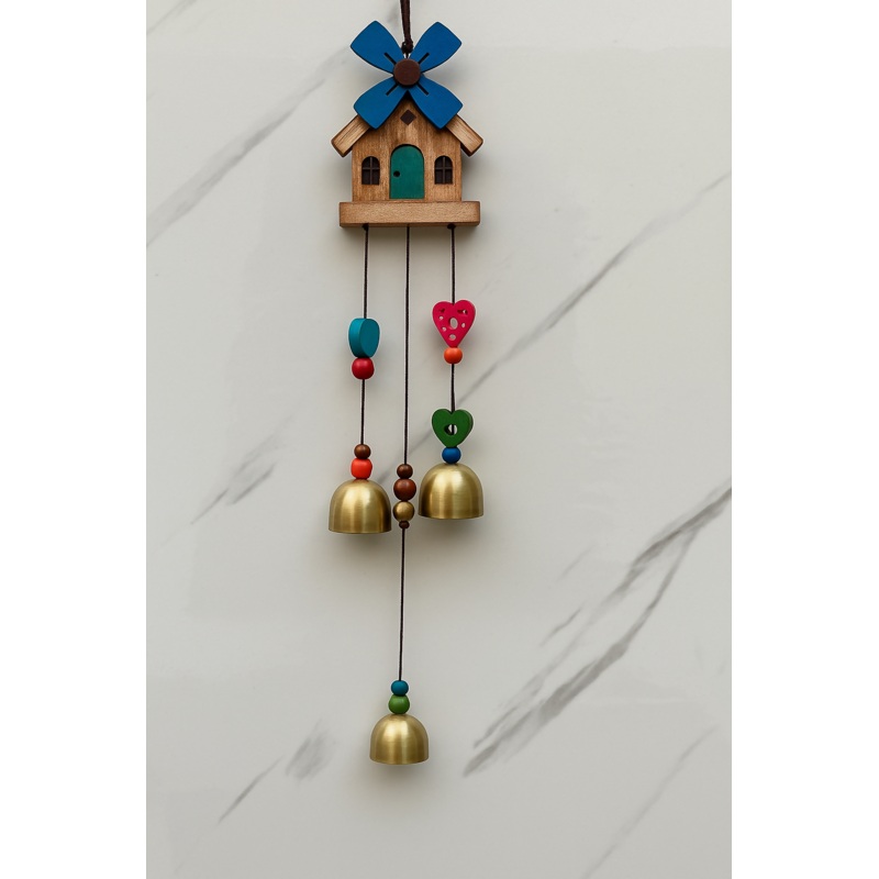 Wooden House Wind Chime with Colorful Beads and Brass Bells