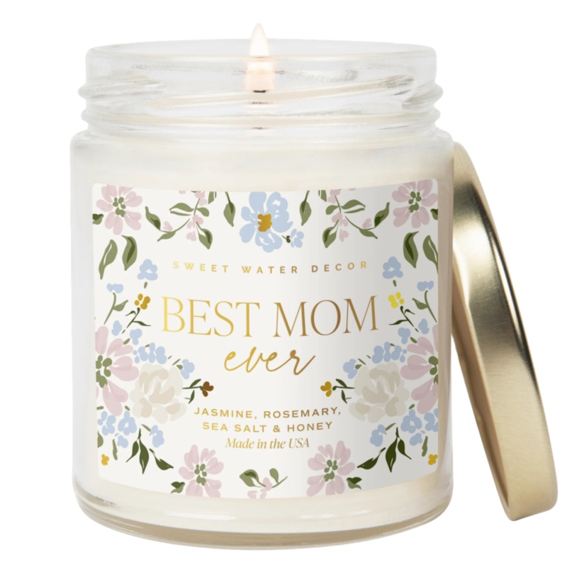 Best Mom Ever Soy Patterned Candle – Clear Jar – 9 oz (Wildflowers and Salt)