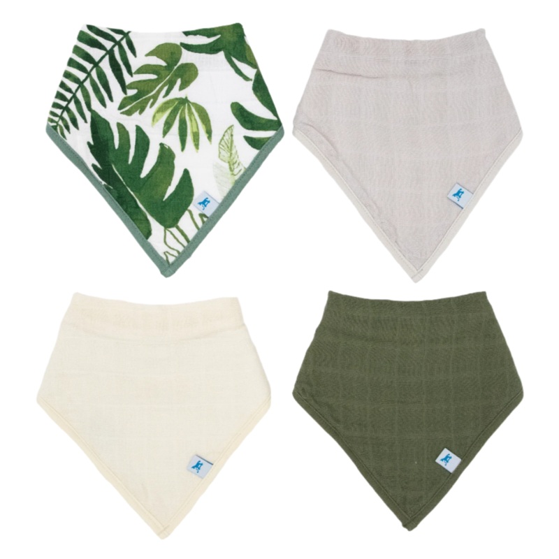 Cotton Muslin + Fleece Bandana Bib 4 Pack – Tropical Leaf
