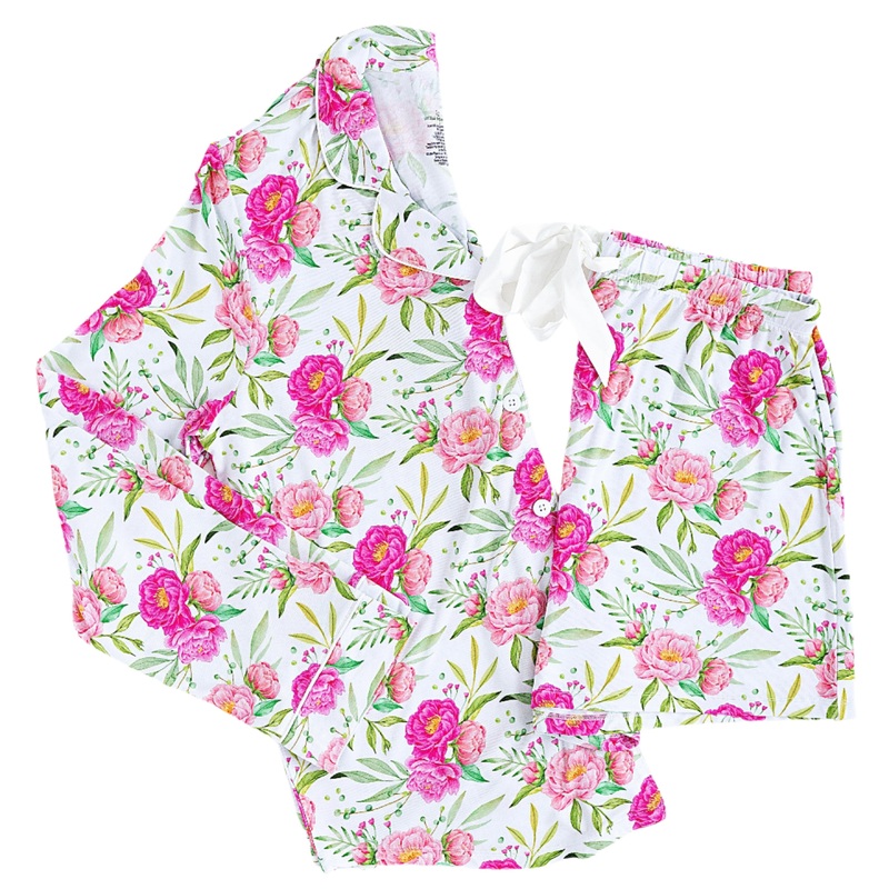 Pink Peony Womens Button Down Short Set
