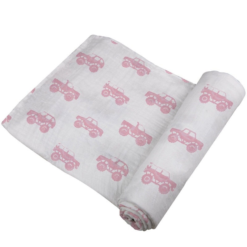 Pink Monster Trucks Bamboo Muslin Swaddle