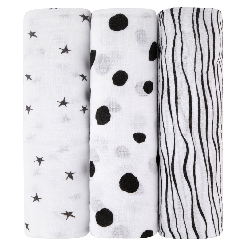 3 Pack Cotton Muslin Swaddle Blanket – Black & White Abstract