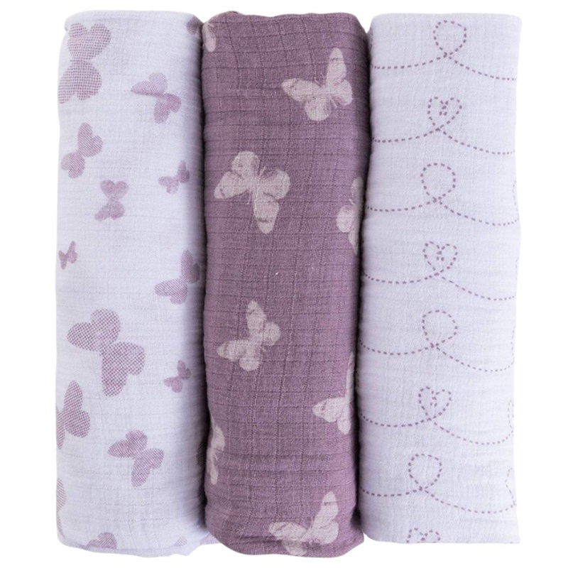 3 Pack Cotton Muslin Swaddle Blanket – Lavender Butterfly