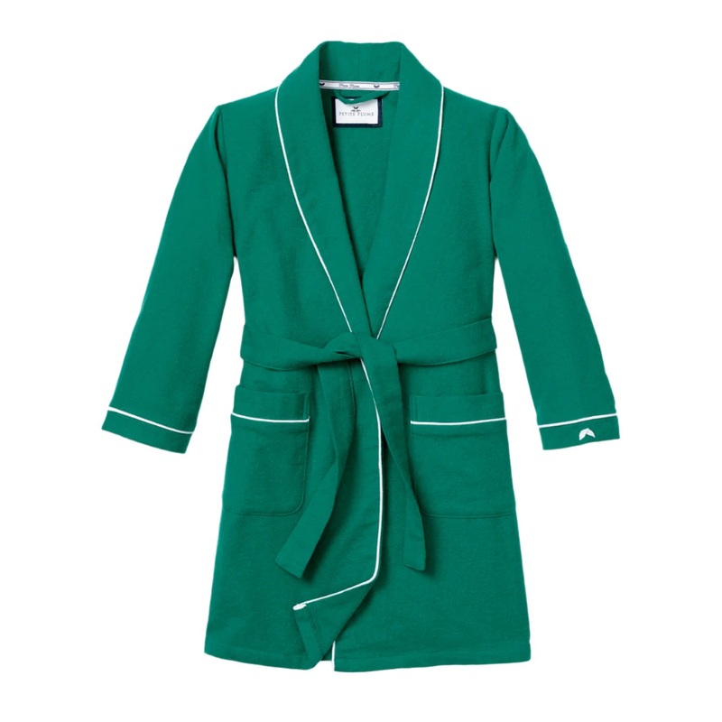 Kid’s Flannel Robe in Forest Green with White Piping