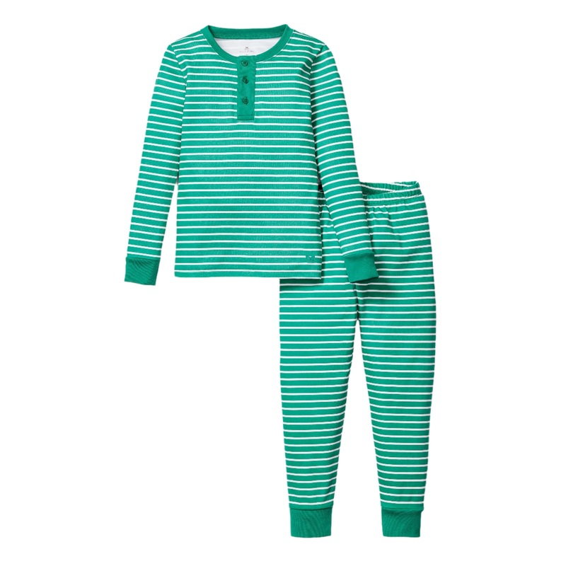 Kid’s Pima Snug Fit Pajama Set in Green Stripe