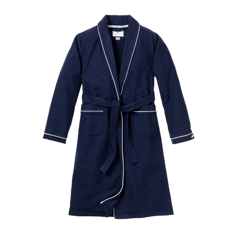 Men’s Flannel Robe in Navy with White Piping