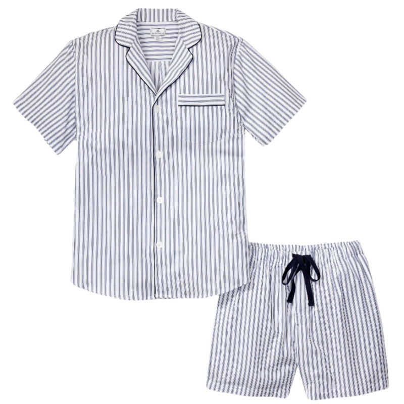 Men’s Twill Pajama Short Set in Navy French Ticking