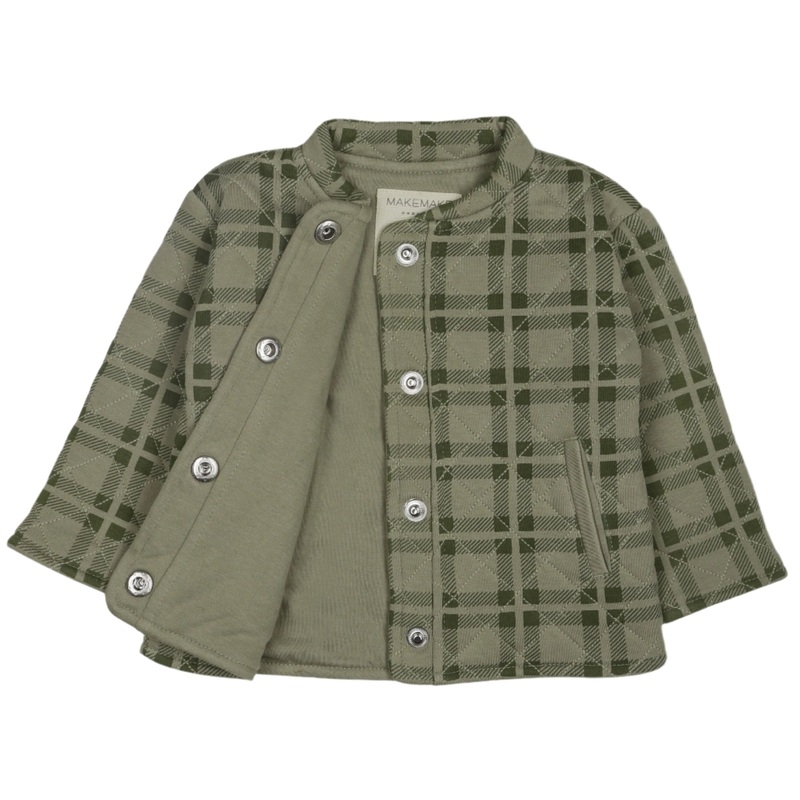 Organic Quilted Button Jacket – Olive Plaid