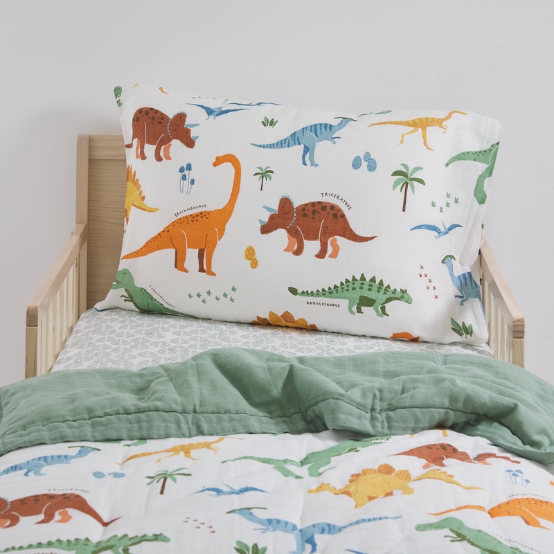 Cotton Muslin Toddler Bedding 3 Piece Set – Dino Names