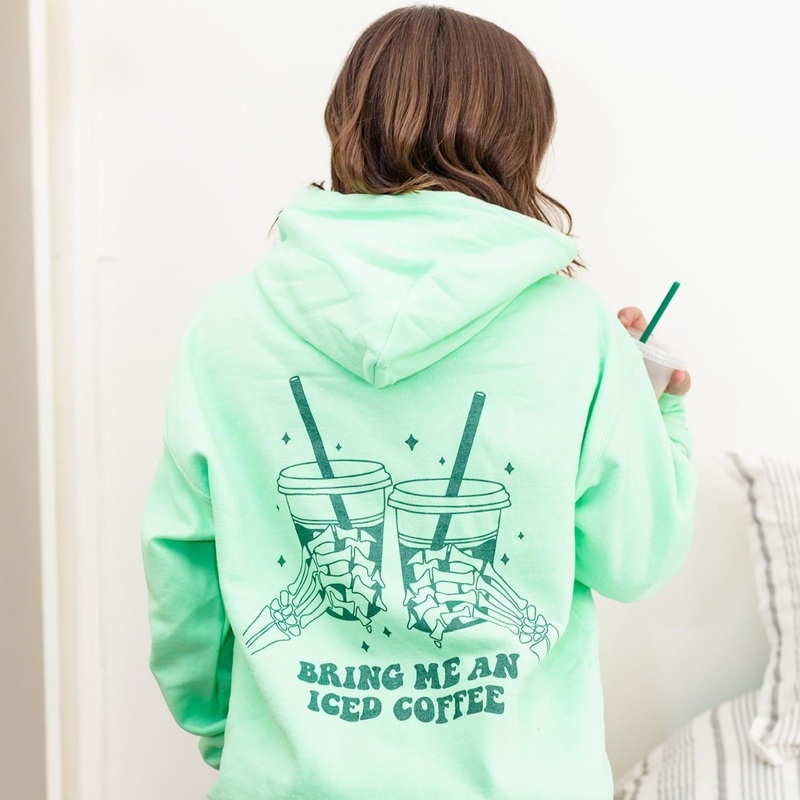 Bring Me An Iced Coffee Hoodie – Mint with Forest Metallic Print