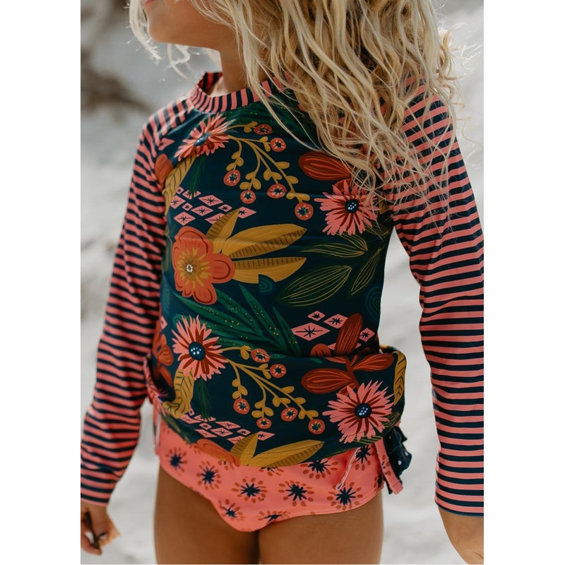 Elsie Long Sleeve Navy Tropical Rash Guard Swimsuit