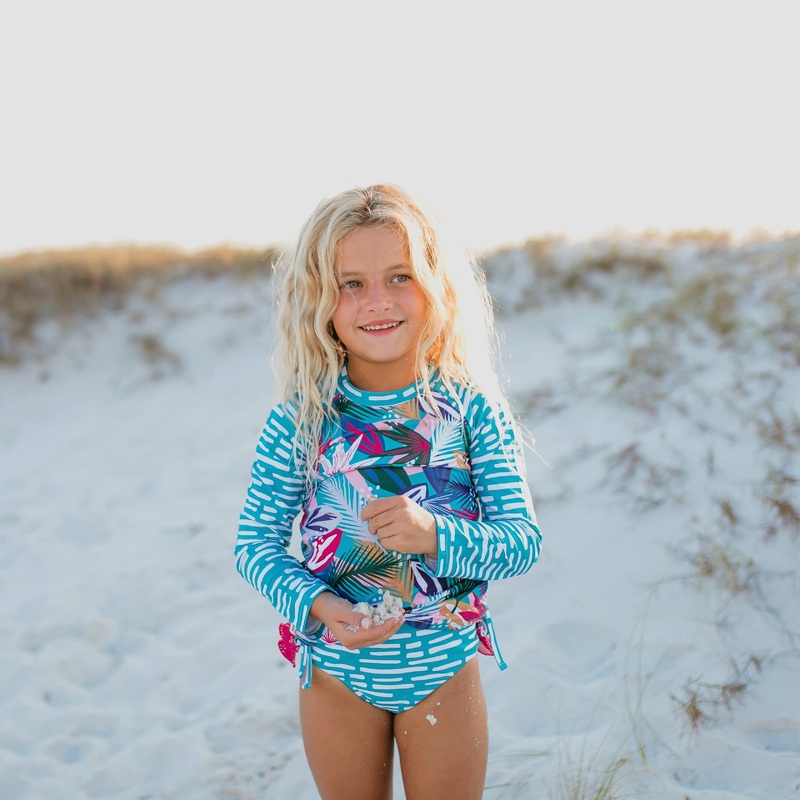 Elsie Long Sleeve Teal/Fuchsia Tropical Rash Guard Swimsuit