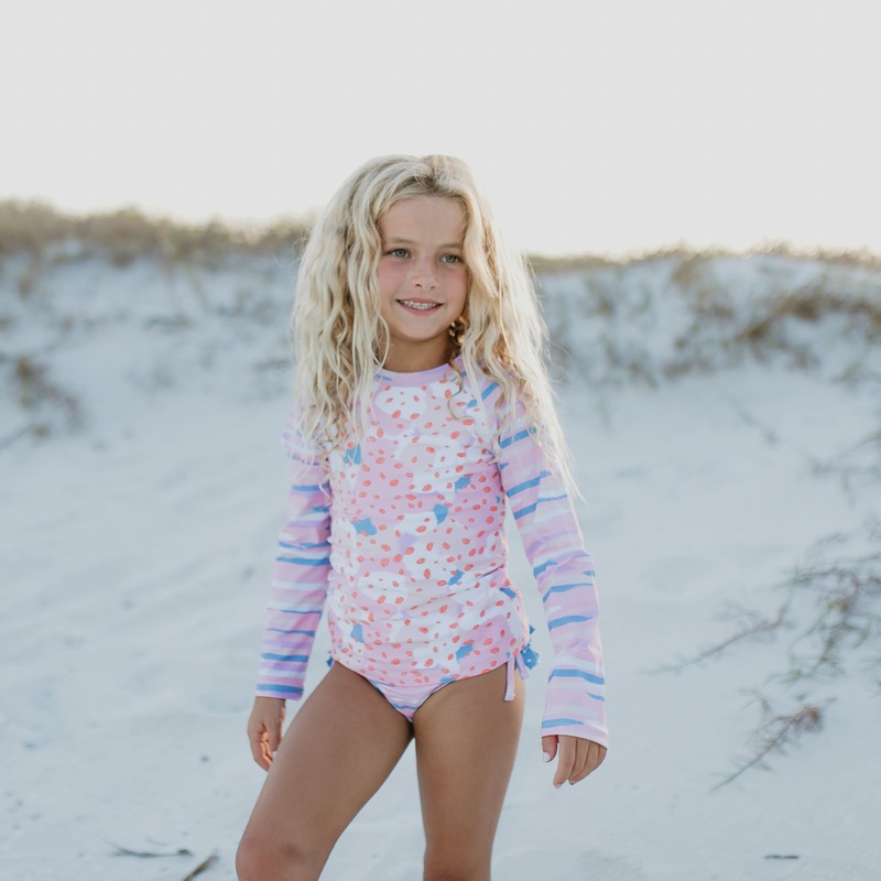 Elsie Pink Blue Abstract Long Sleeve Rash Guard Swimsuit