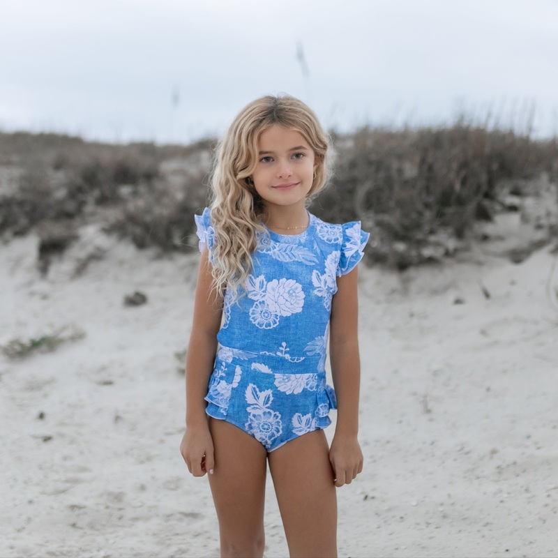 Grace Denim Floral Open Back One Piece Swimsuit