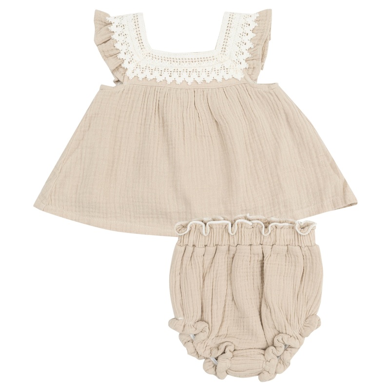 Pinafore with Crochet Heart Lace and High Waisted Diaper Cover- Solid Muslin Oxford Tan