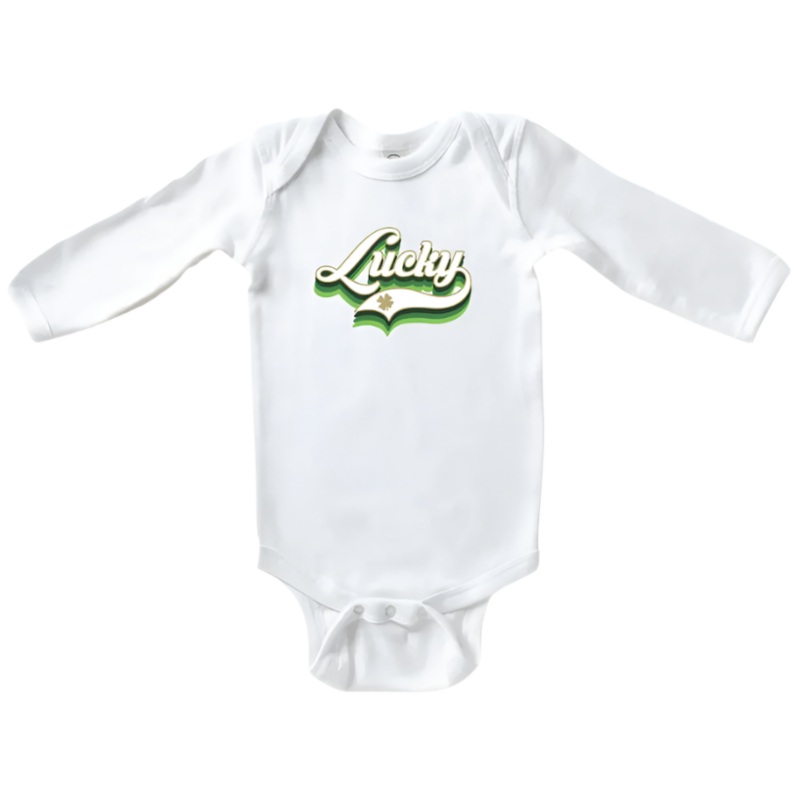 Lucky Script | Long-Sleeve Baby Onesie – White
