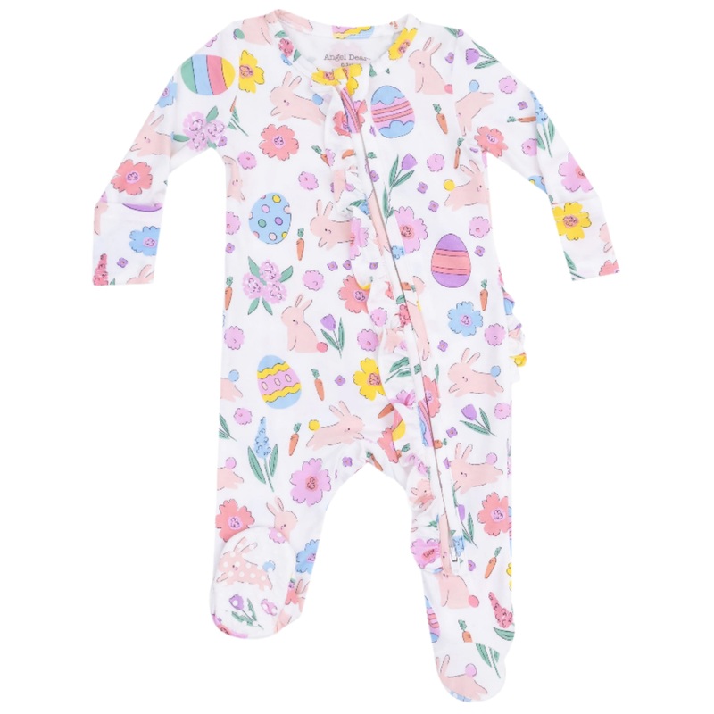 2 Way Ruffle Zipper Footie – Easter Bunnies Pink