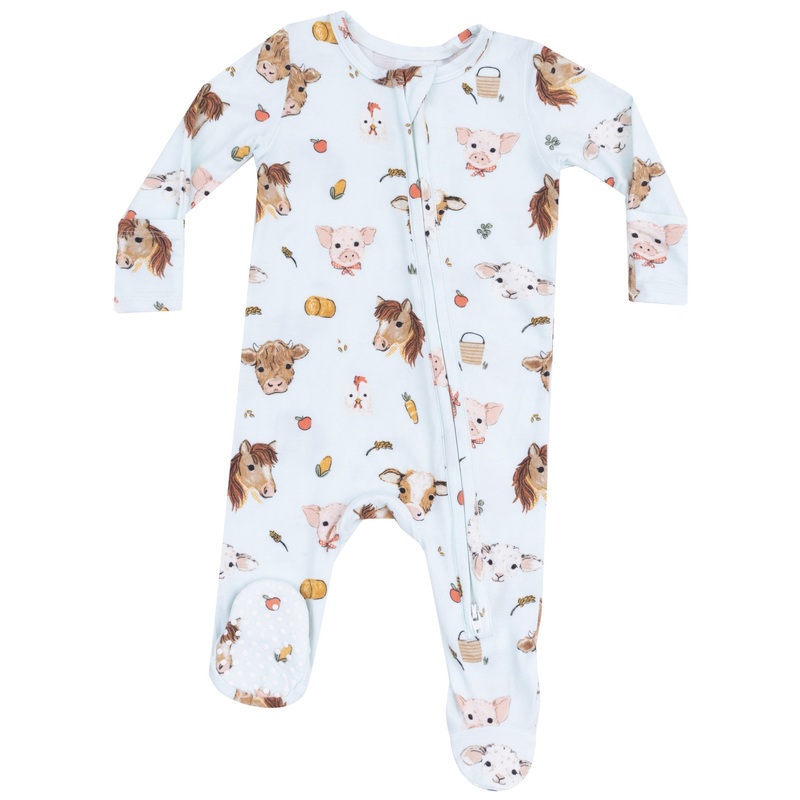 2 Way Zipper Footie – Vintage Animals Faces Blue