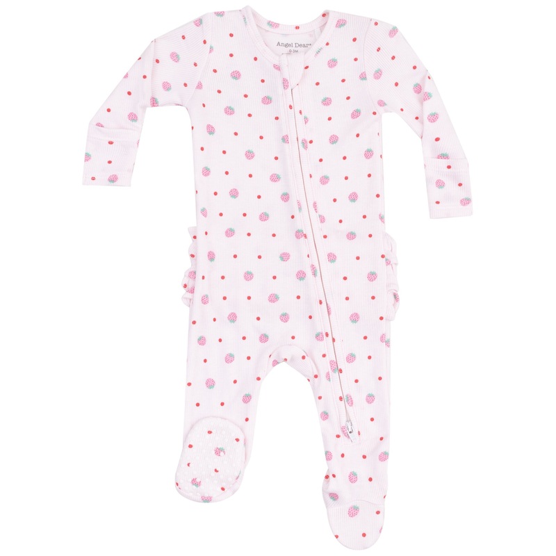 2 Way Zipper Ruffle Back Footie – Strawberry Swiss Dot
