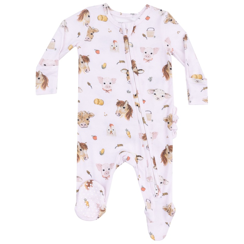 2 Way Zipper Ruffle Back Footie – Vintage Animals Faces Pink