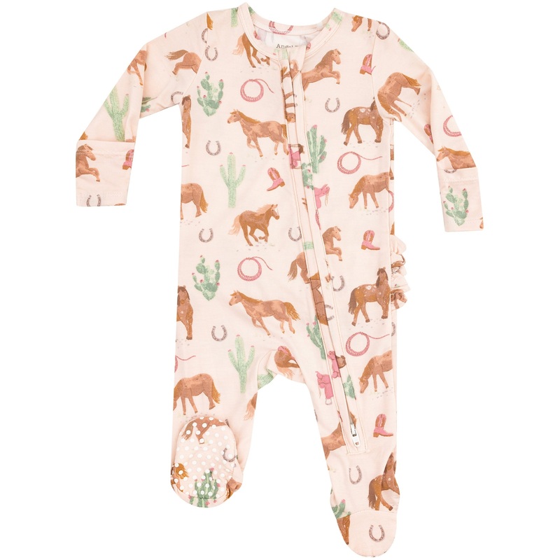 2 Way Zipper Ruffle Back Footie – Western Horses Pink