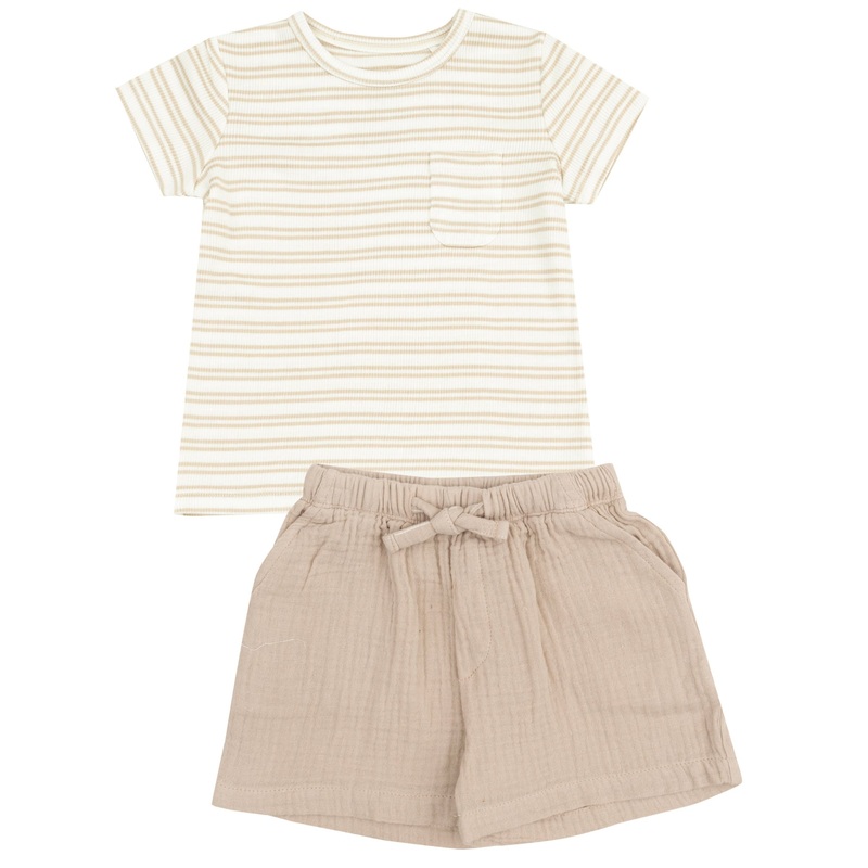 Crew Neck Tee with Pocket + Casual Short – Stripe Oxford Tan