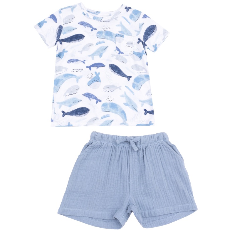 Crew Neck Tee with  Pocket + Muslin Short – Blue Whales