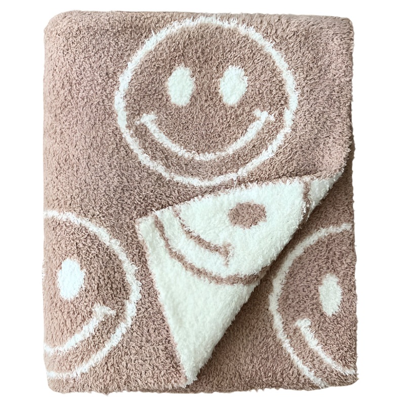Smiley Fuzzy Blanket | Latte