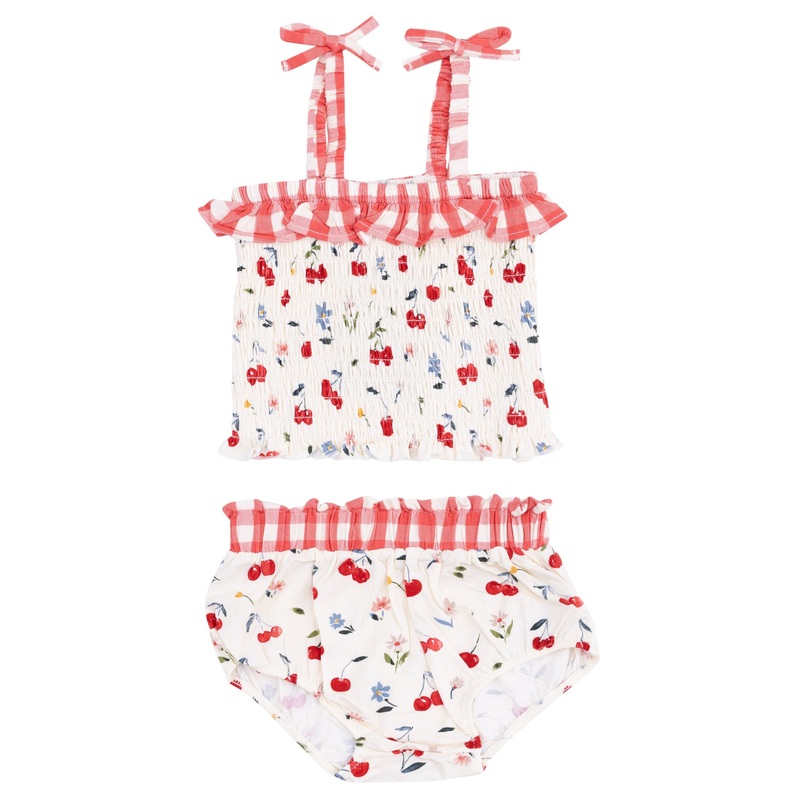 Smocked Ruffle Top and Bloomer – Watercolor Cherries
