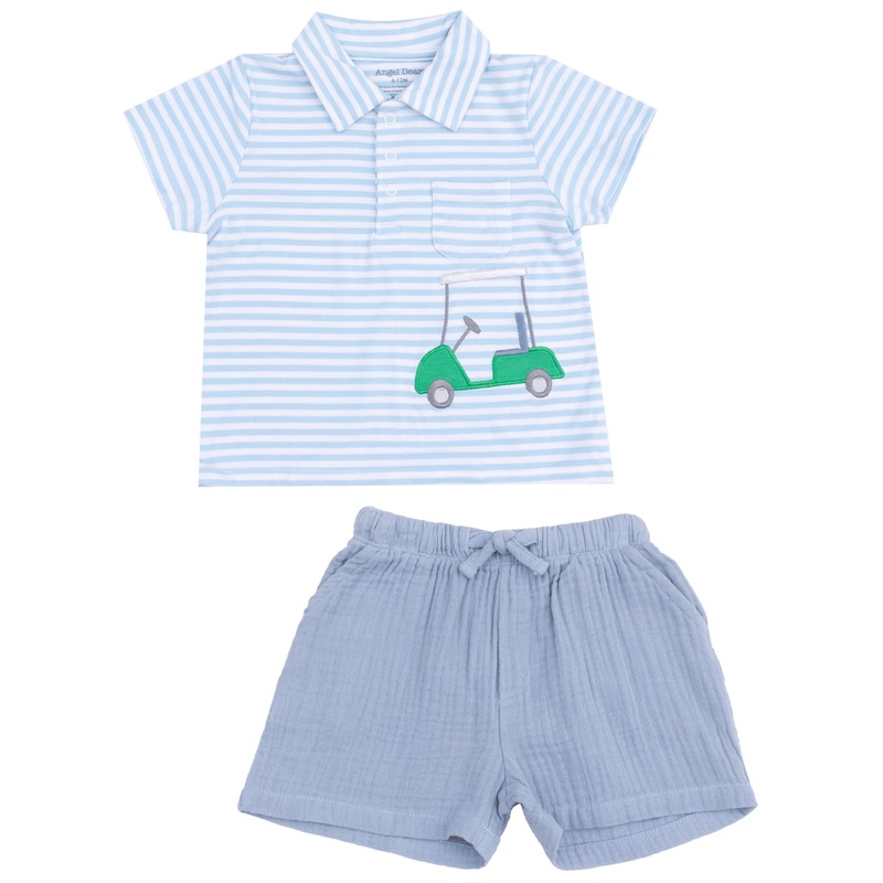 Polo Shirt with Applique and Muslin Short – Golf Blue Stripe
