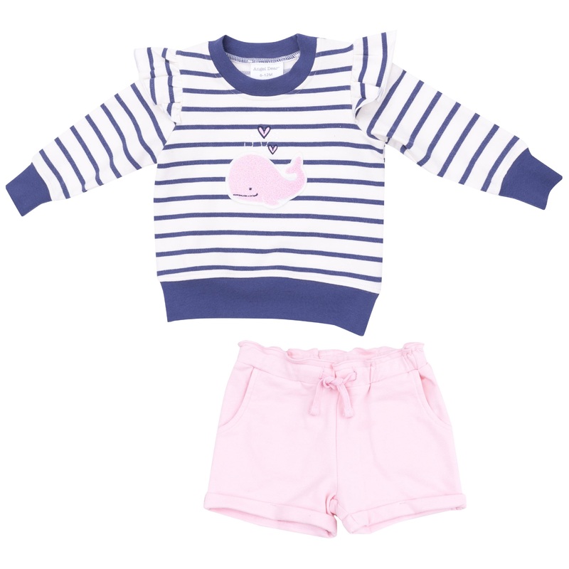 Ruffle Sleeve Sweatshirt with Chenille Patch and Paperbag Shorts Bubbly Whale Pink