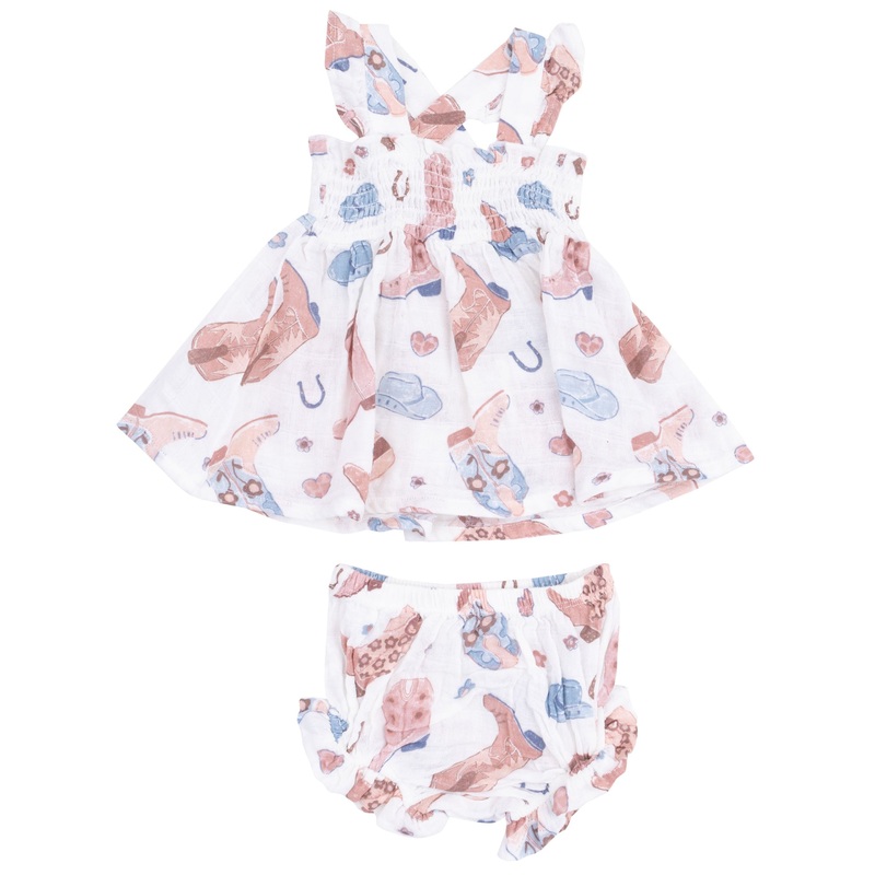 Ruffle Strap Smocked Top and Diaper Cover – Cowboy Boots Pink