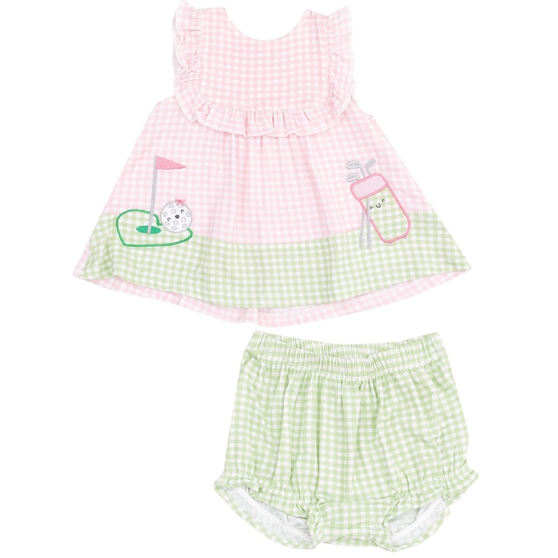 Ruffle Top with Applique & Bloomer – Golf Pink Mini Gingham