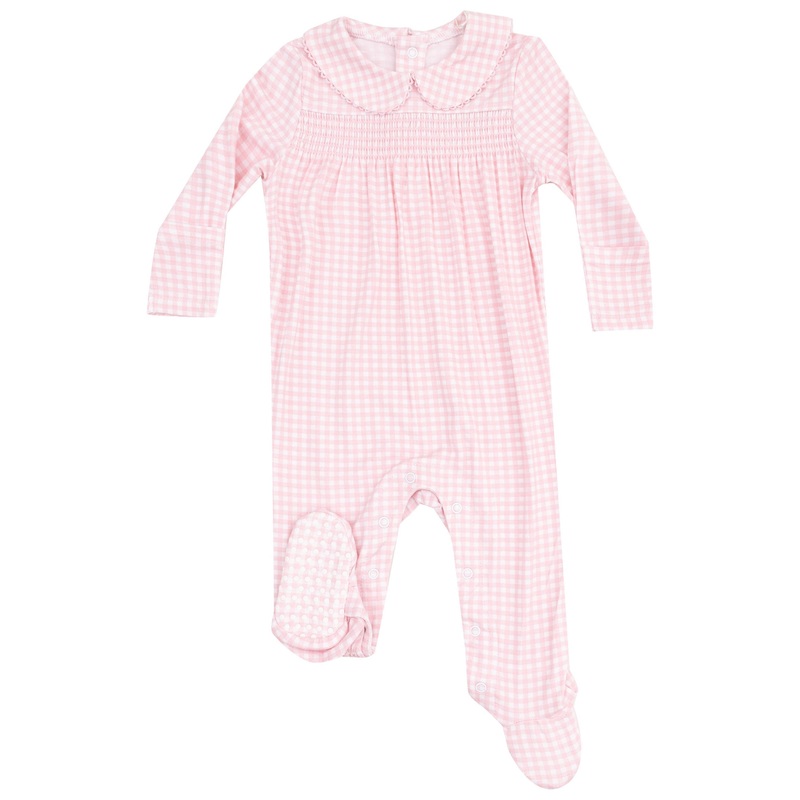 Smocked Peter Pan Footie – Mini Gingham Pink