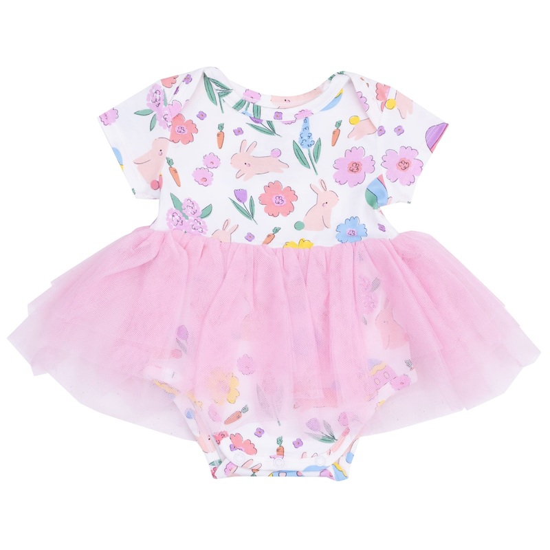 Twirly Short Sleeve Tutu Bodysuit Dress – Easter Bunnies Pink