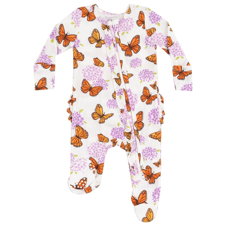 2 Way Ruffle Zipper Footie – Monarch Butterflies and Milkweed
