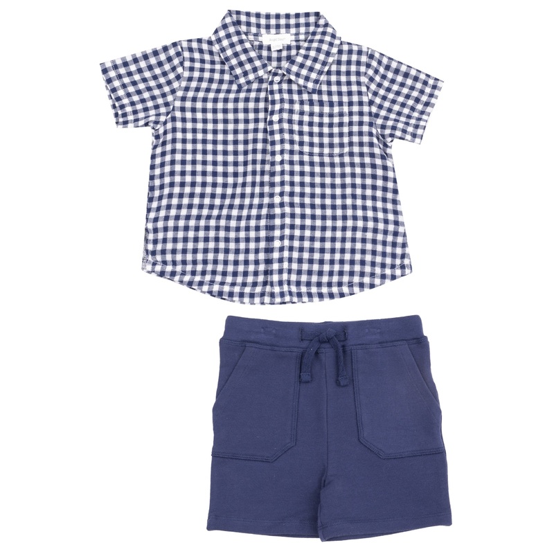 Button Down Muslin Polo with French Terry Short – Navy Gingham