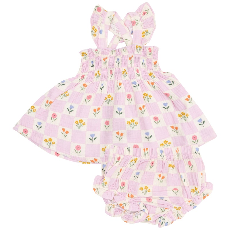 Ruffle Strap Smocked Top and Diaper Cover – Floral Check