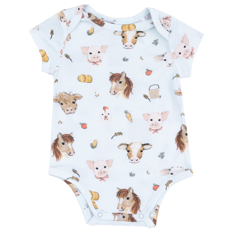 Short Sleeve Bodysuit – Vintage Animals Faces Blue