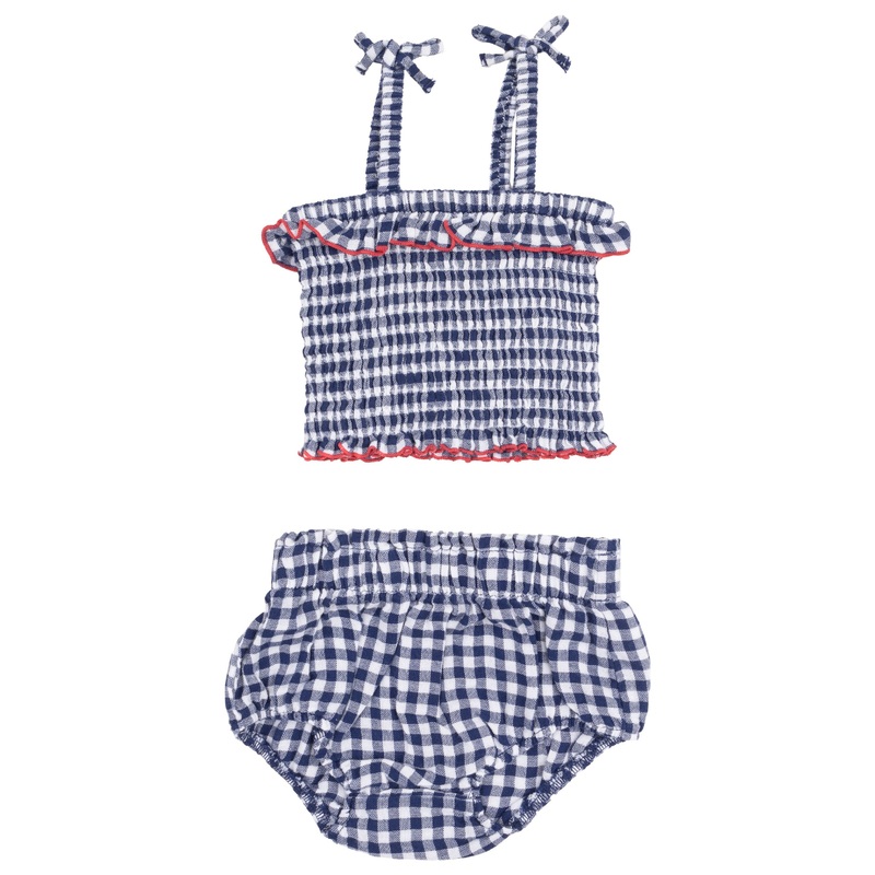 Smocked Ruffle Top and Bloomer – Navy Gingham